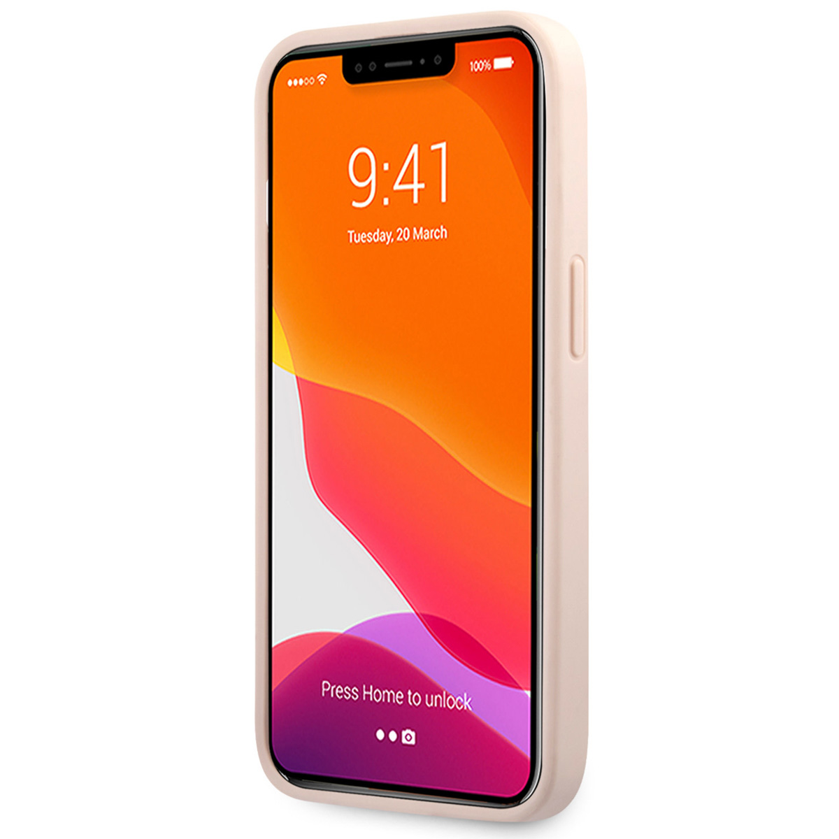 Telefono in una custodia rosa. Lo schermo mostra una schermata iniziale con ora e data.
