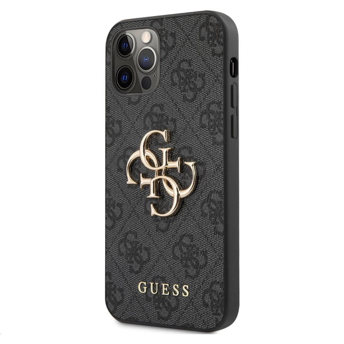 Custodia Guess nera e grigia con logo Guess dorato. Sfondo bianco.