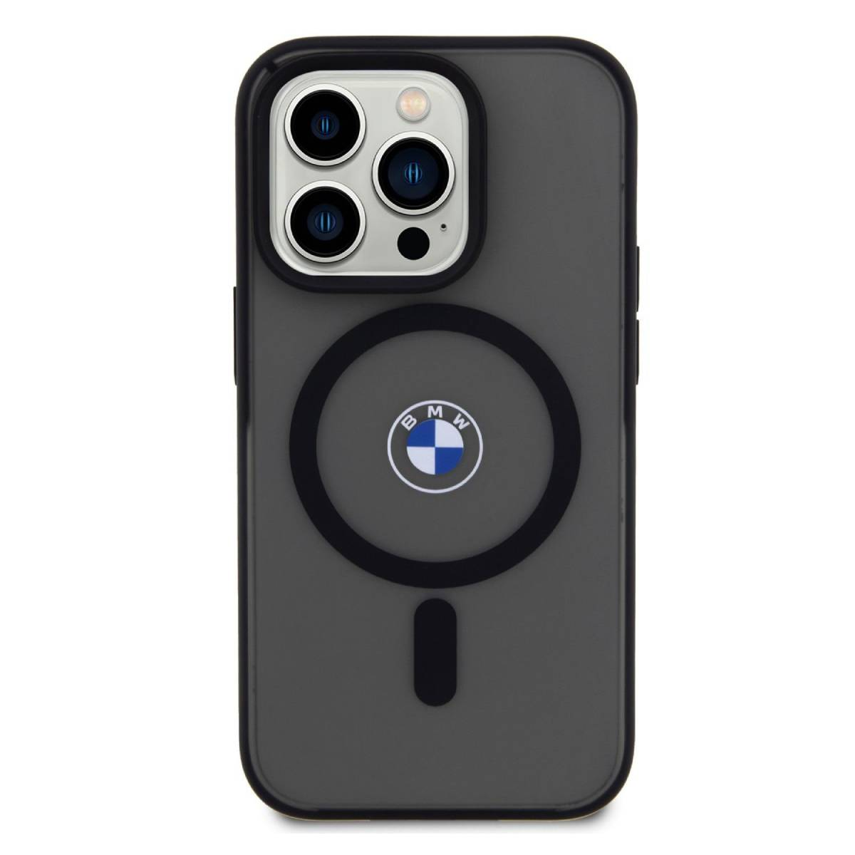 Custodia grigia con logo BMW e cerchio nero. La custodia è su una superficie bianca.