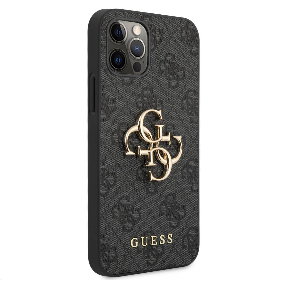 Custodia per telefono con logo Guess. Design nero e grigio. Logo oro al centro. Guess scritto sotto.