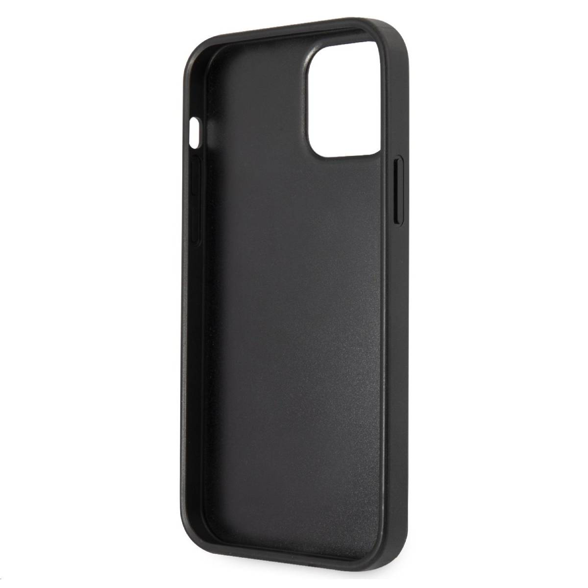 Interno di custodia nera per telefono con ritagli per fotocamera e pulsanti laterali.