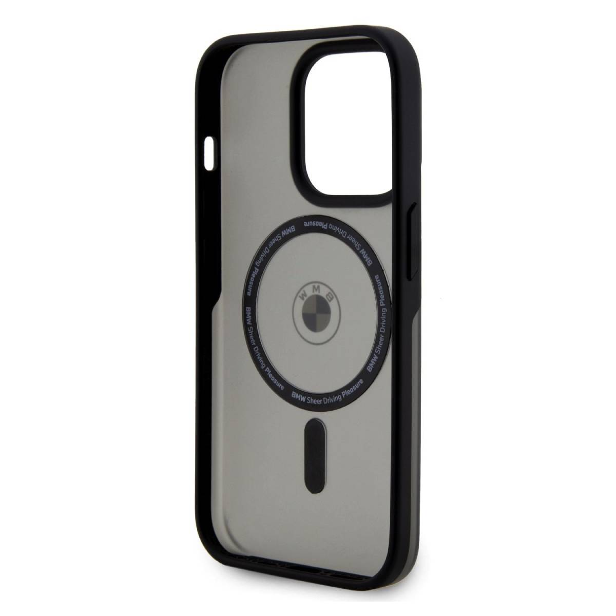 Custodia per telefono con bordo nero e logo BMW. L'interno è metallico con un anello MagSafe.