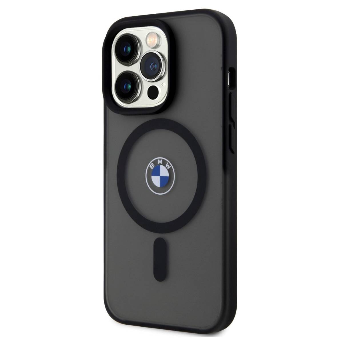 Custodia grigio fumé con logo BMW. La custodia è grigia, ha un anello e un logo BMW.