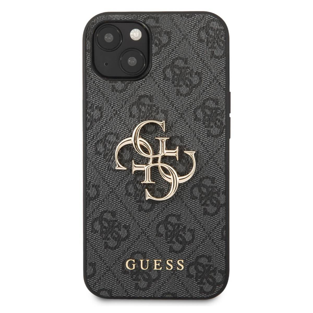 Custodia nera per telefono con logo Guess. Lo sfondo presenta un motivo ripetuto con il logo Guess.
