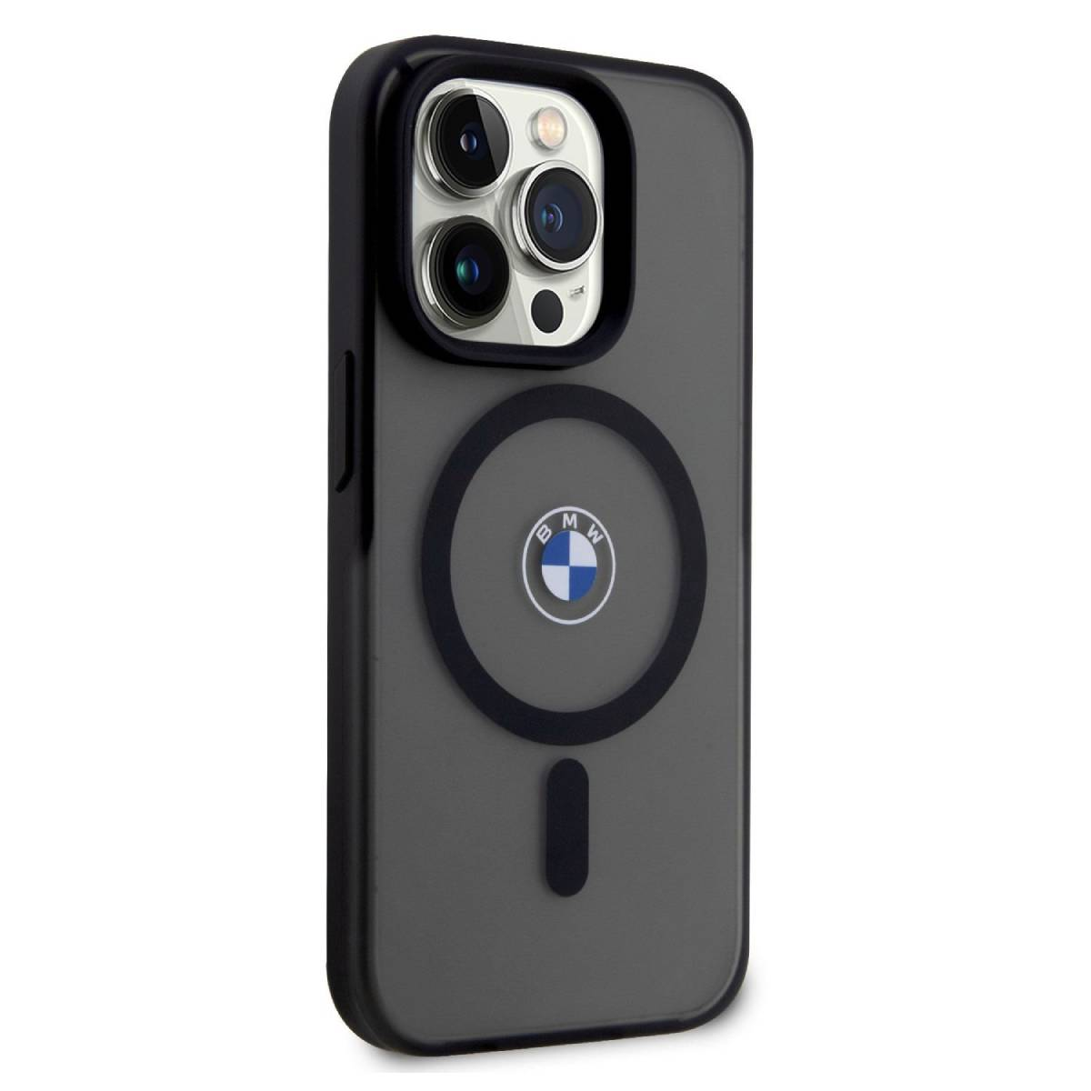 Custodia per telefono nera con logo BMW e anello magnetico. Sfondo grigio.