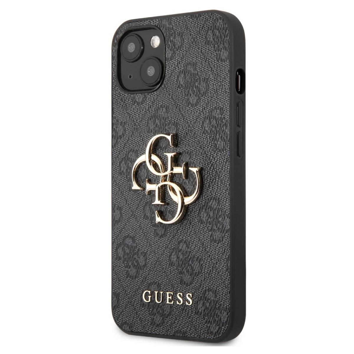 Custodia nera con logo Guess dorato sul retro. Motivo nero. Sfondo bianco.