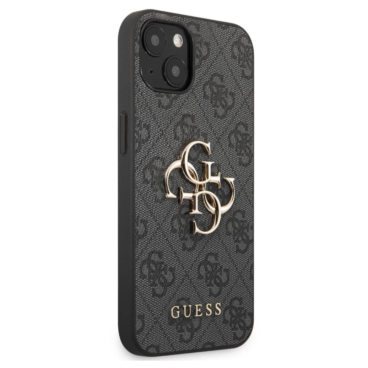 Custodia per telefono con motivo logo Guess ed emblema dorato, su sfondo bianco. Fotocamera visibile.