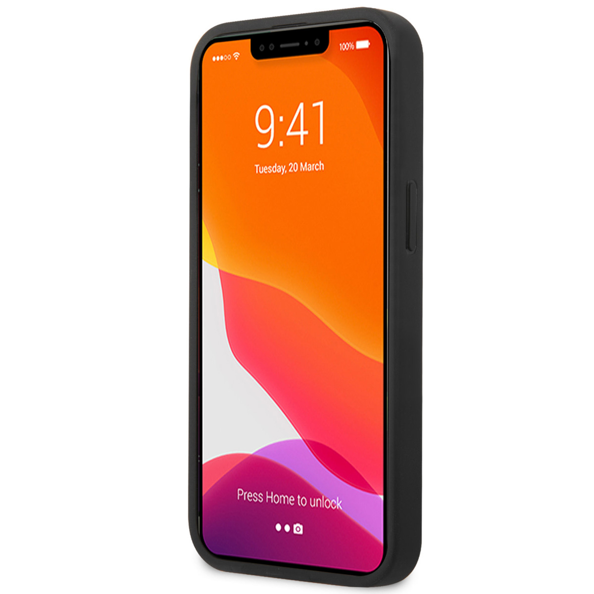 iPhone con custodia nera che mostra uno schermo sfumato arancione e giallo. Sono le 9:41, martedì 20 marzo.