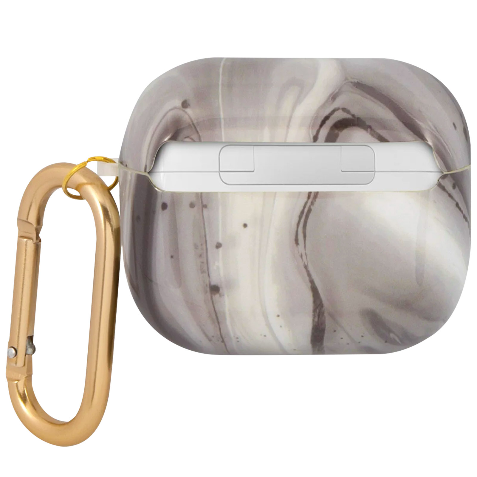 Funda AirPods de mármol gris con mosquetón dorado.