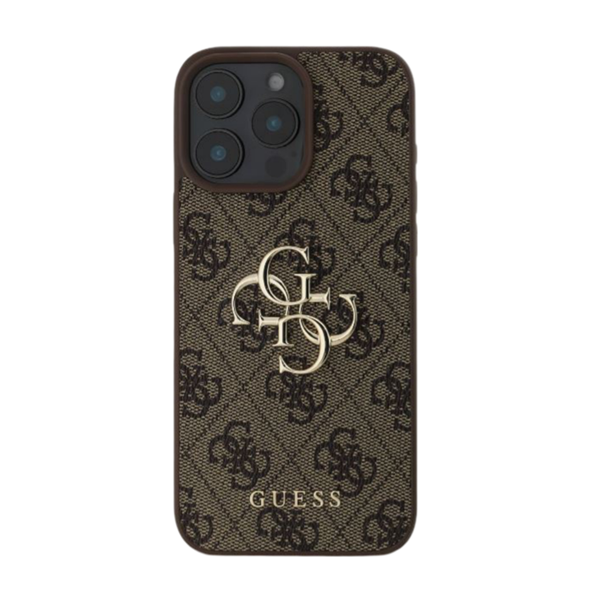 Ein Telefon mit einer braunen und goldenen Guess-Hülle. Die Hülle hat ein Muster und ein Logo.