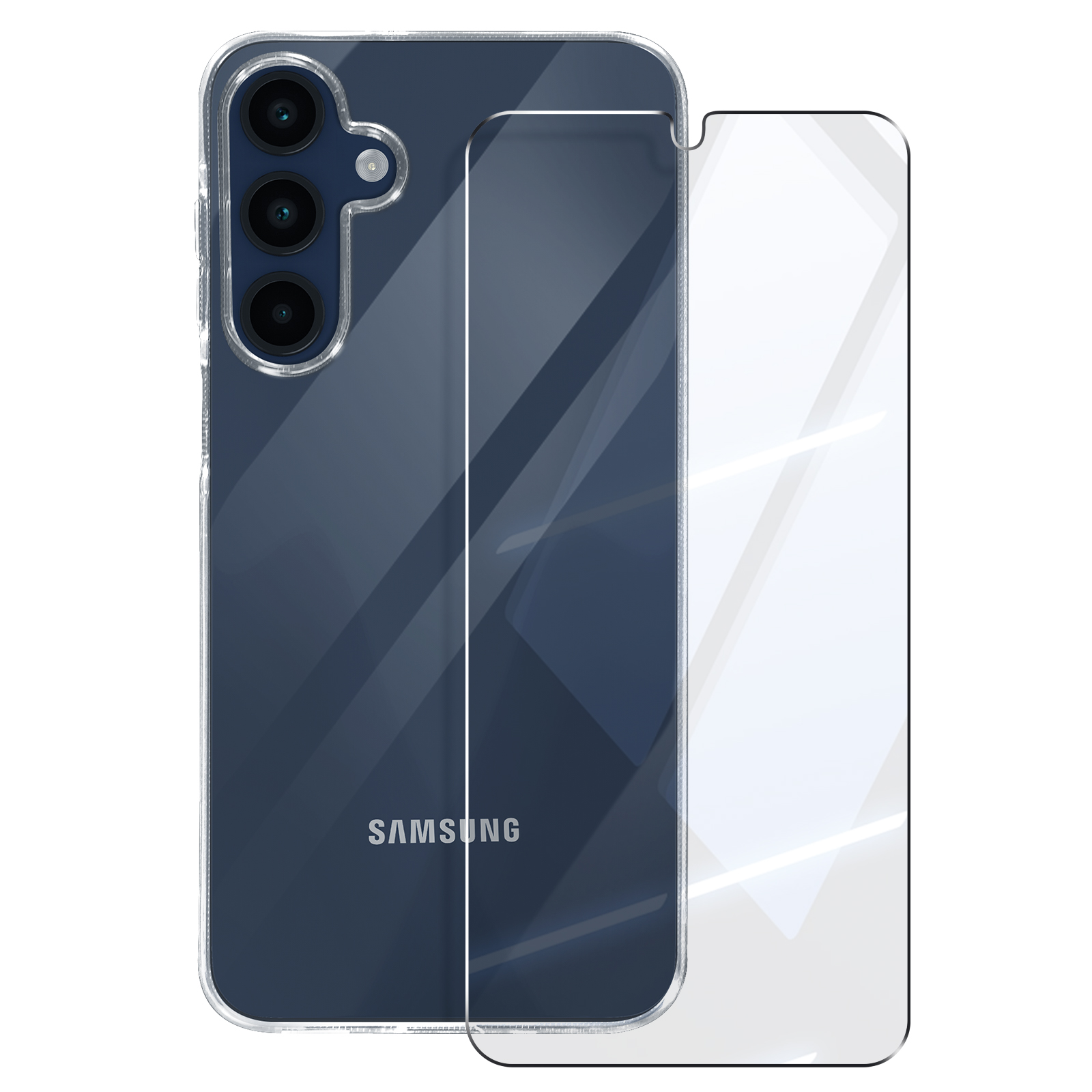 Custodia trasparente con protezione schermo e logo Samsung su sfondo bianco.