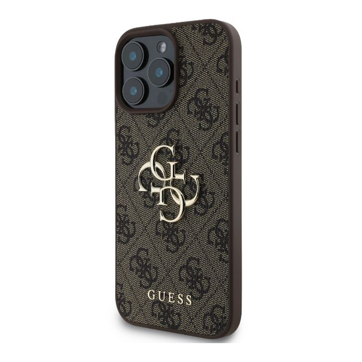 Braune GUESS-Handyhülle mit Logomuster und goldenem GUESS-Logo.
