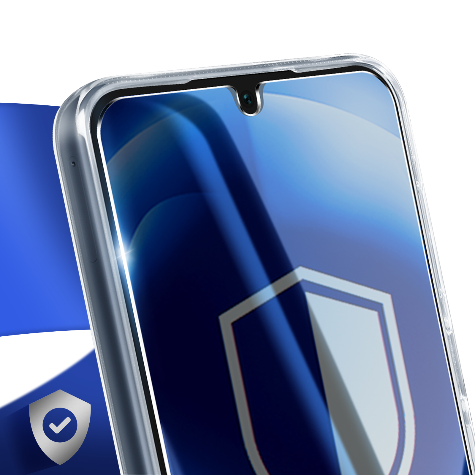 Primo piano di un telefono con custodia trasparente, che mostra un design blu e bianco.