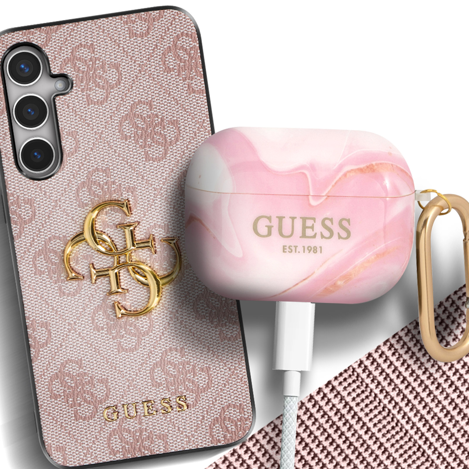 Juego de funda de teléfono y estuche AirPods. Estampado Guess rosa, cable carga.