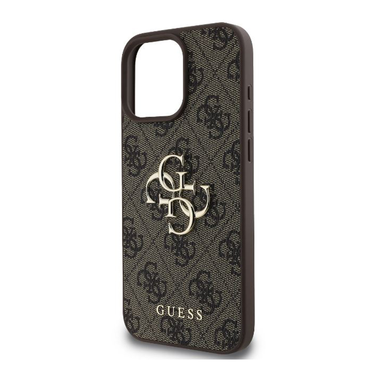 Handyhülle mit braunem und schwarzem Guess-Logo-Muster. Die Hülle hat ein Guess-Logo in Goldfarbe.