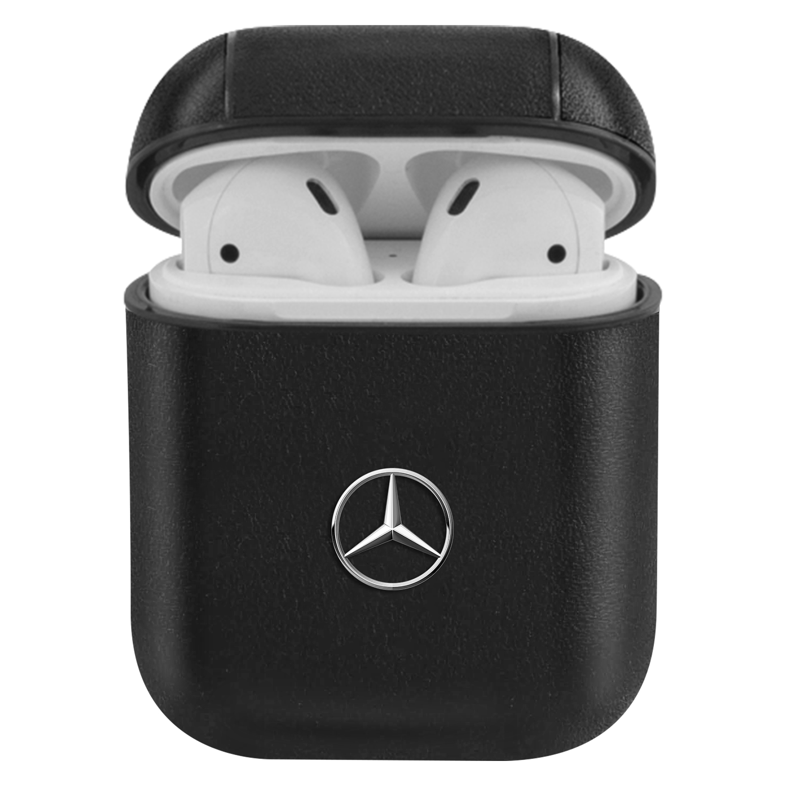 Funda de cuero negra para AirPods con el logo de Mercedes-Benz.