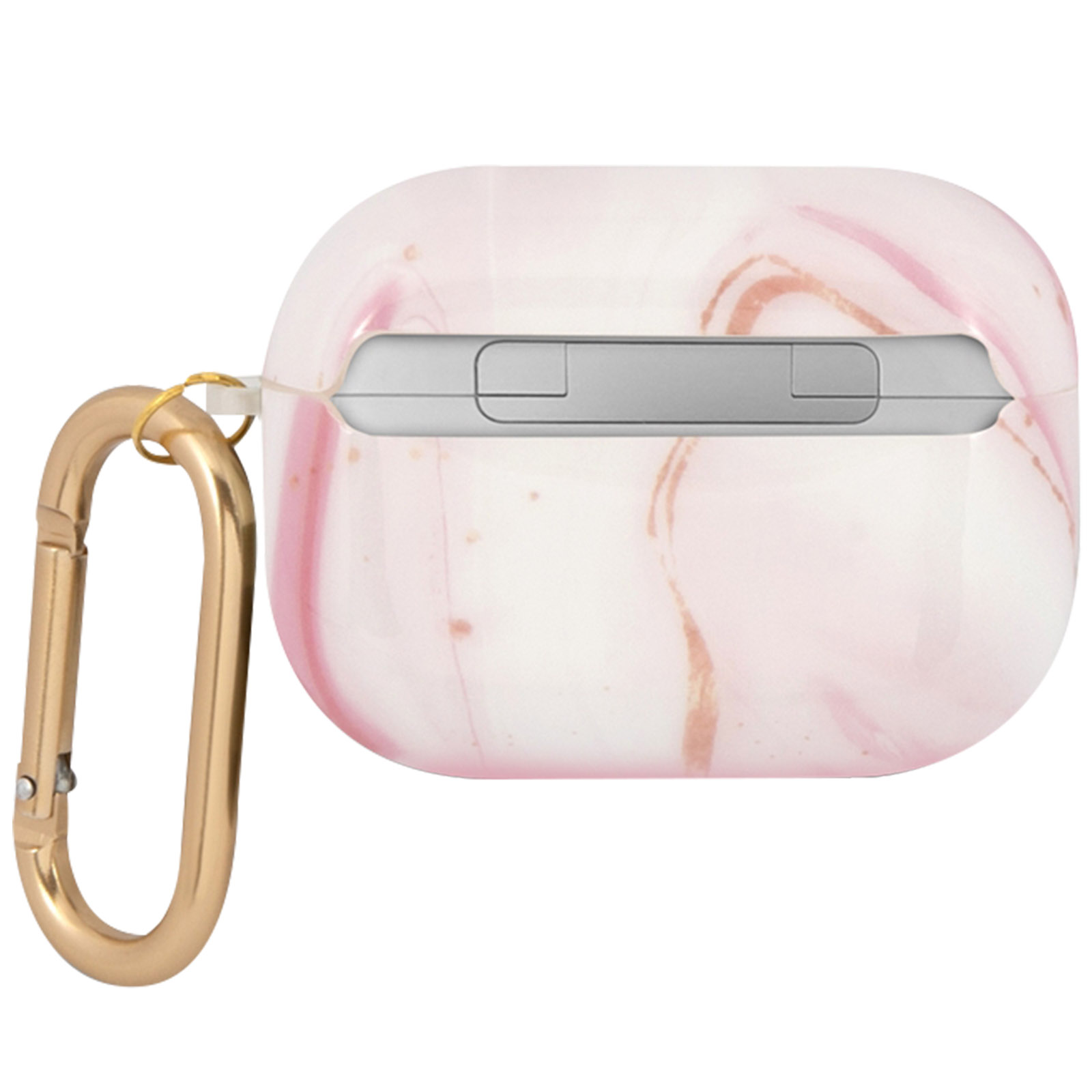 Funda de AirPods. Diseño de mármol rosa y blanco. Cierre dorado. Zona de bisagra plateada. Parte superior abierta.