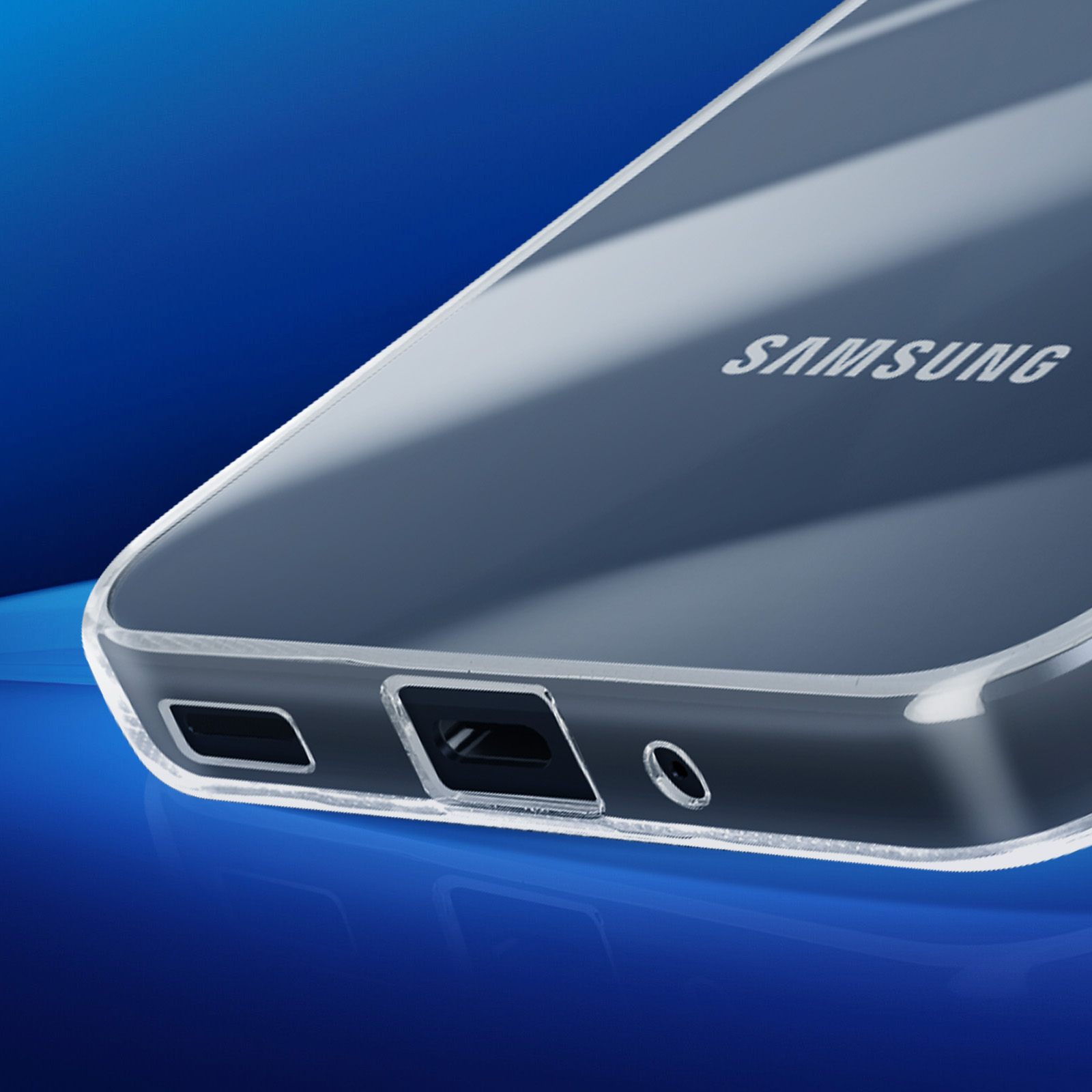 Una custodia trasparente per telefono. La custodia ha la scritta SAMSUNG sul retro. La custodia è su un telefono.