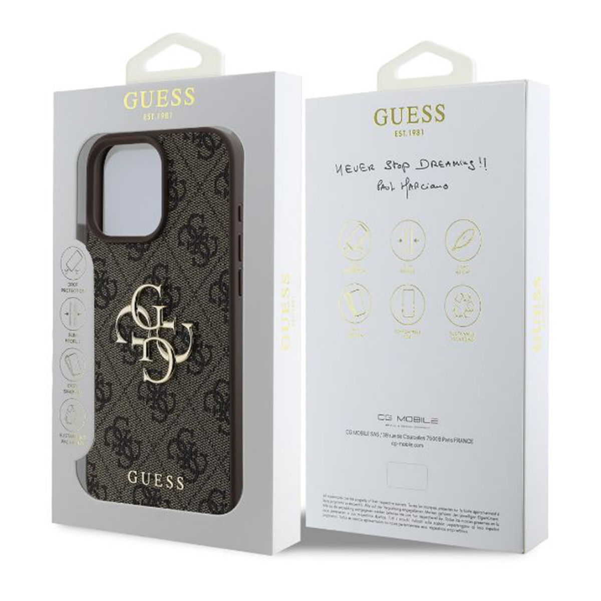 GUESS-Handyhülle mit Logo und Verpackung.