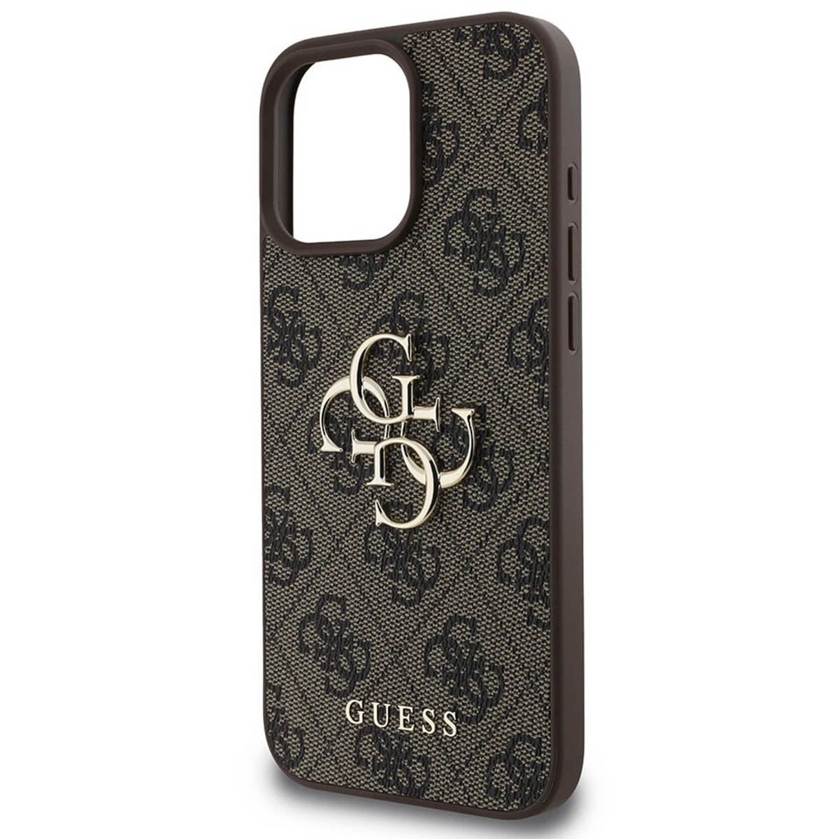 Handyhülle mit Guess-Logo und -Muster. Die Hülle ist braun. Die Kamera des Telefons ist sichtbar.