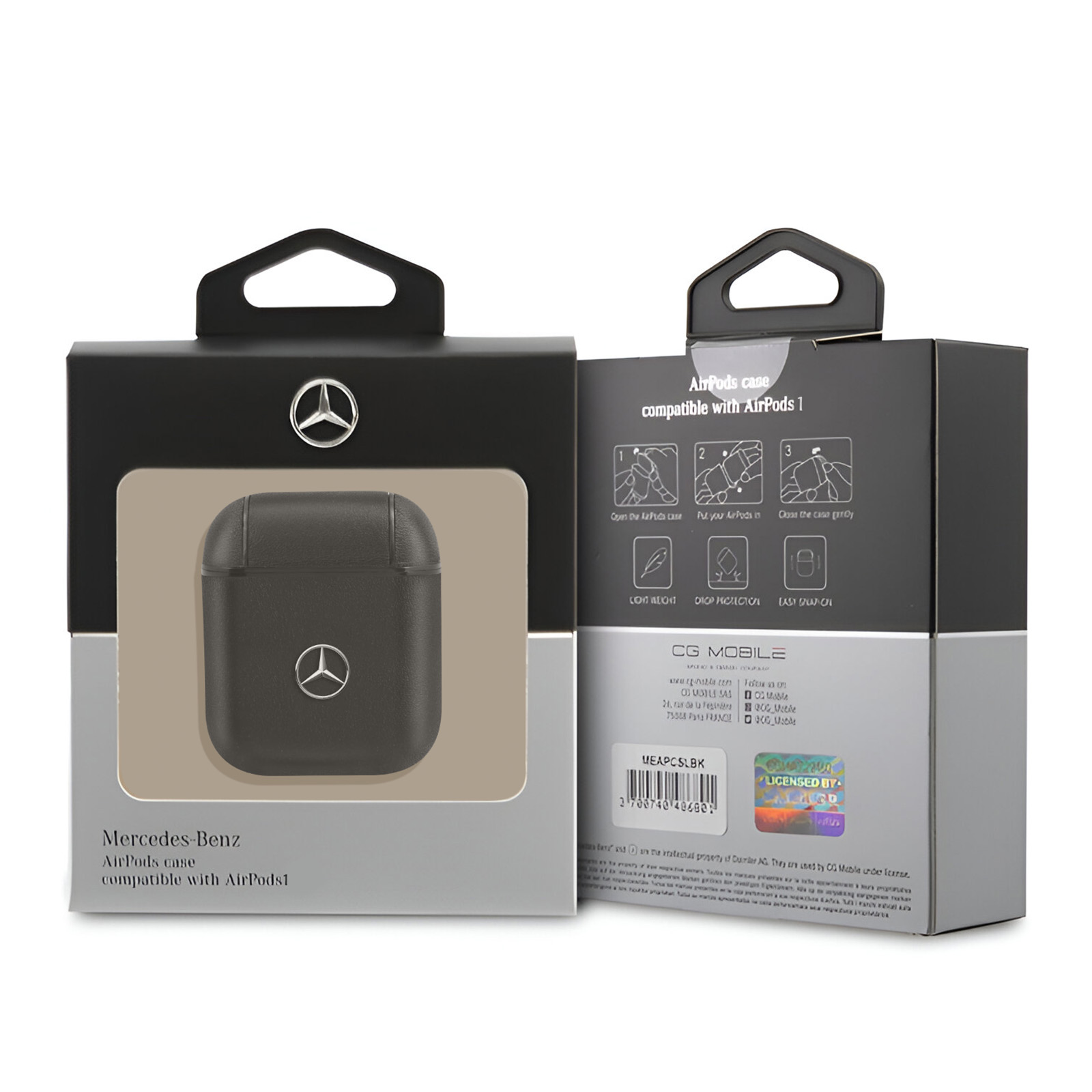 Funda Mercedes-Benz AirPods en una caja. La caja tiene instrucciones y un logo. Fondo blanco.
