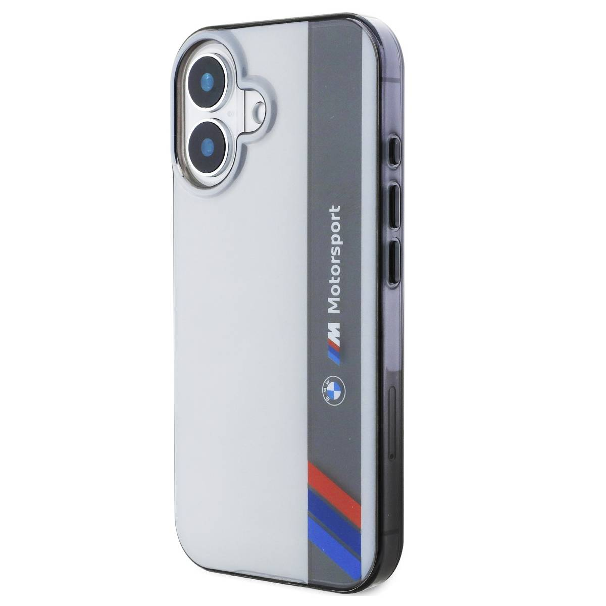 Una custodia per telefono con un design bianco e grigio con il logo BMW. La custodia ha una striscia blu, bianca e rossa.