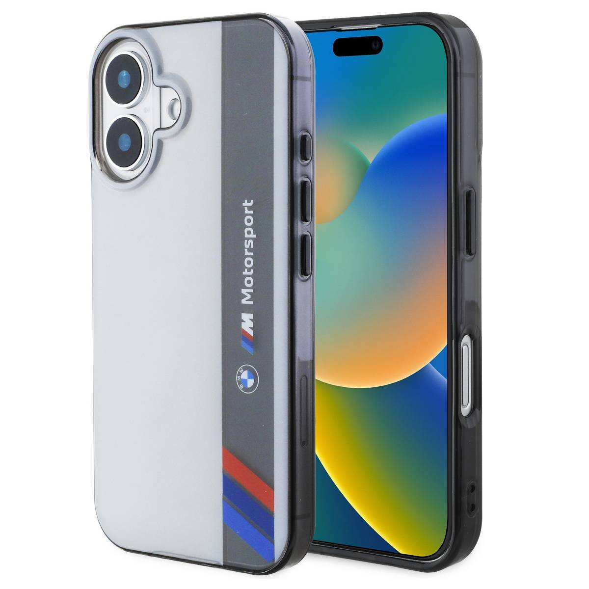 Custodia per telefono con design BMW Motorsport. La custodia è trasparente con un bordo nero.