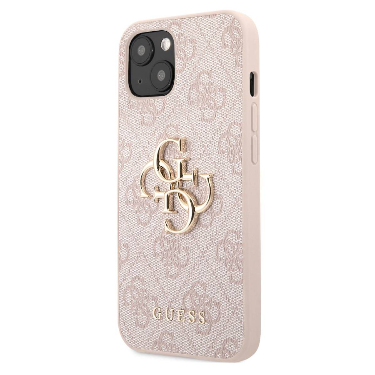 Handyhülle mit hellrosa Guess-Muster. Goldfarbenes Guess-Logo sichtbar.