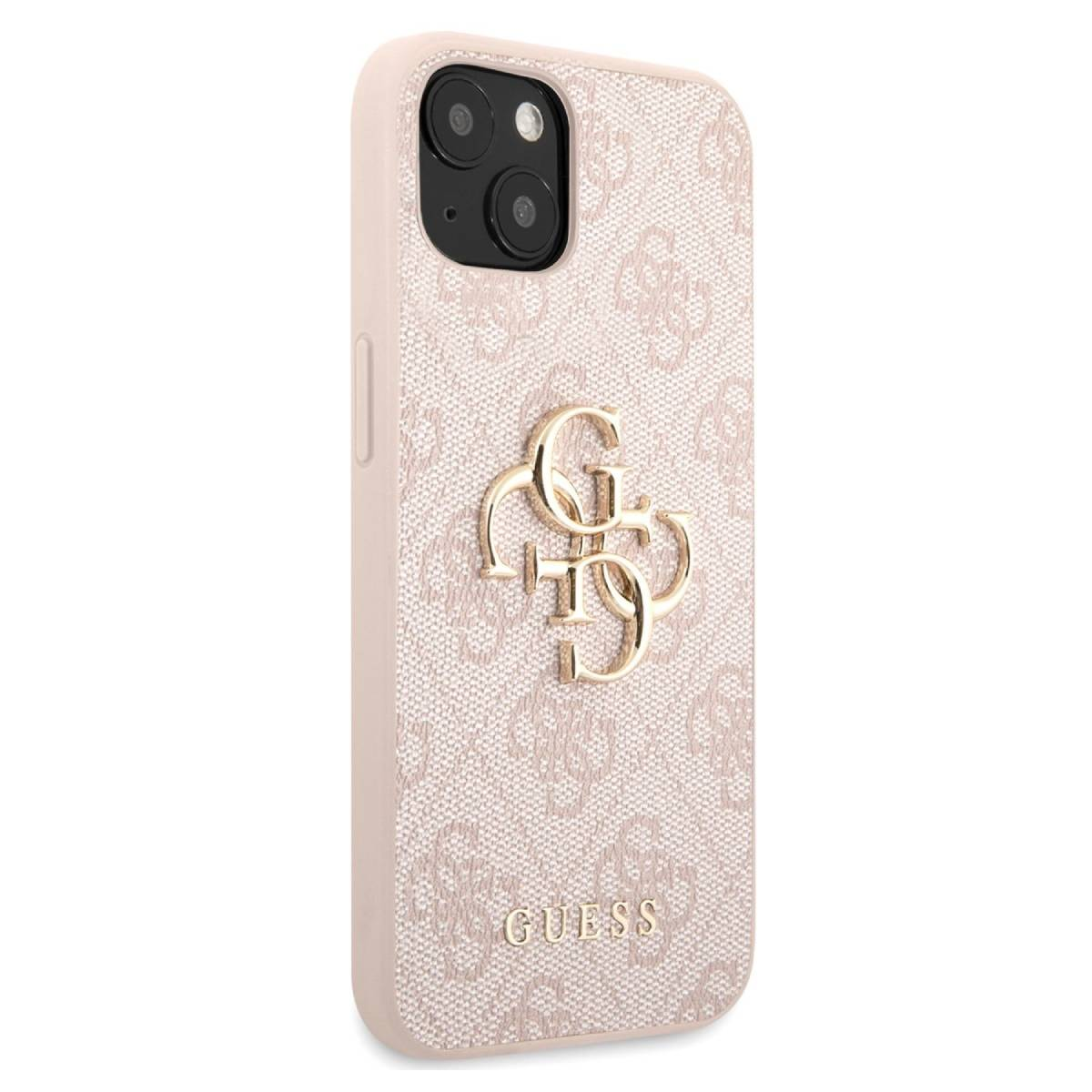 Rosa Handyhülle mit Guess-Logomuster und goldenem Logo. Die Hülle hat einen Kameraausschnitt.
