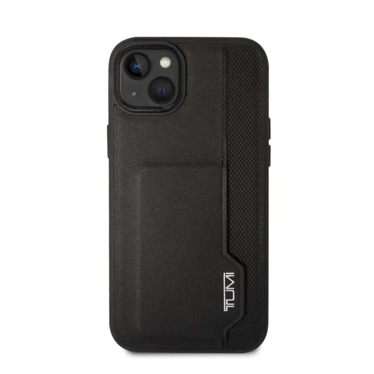 Custodia nera con fotocamera, slot per schede e logo TUMI. Sfondo bianco.