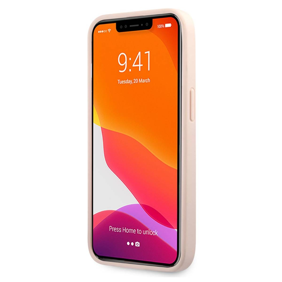 iPhone mit rosa Hülle, zeigt Startbildschirm mit Uhrzeit und Datum. Weißer Hintergrund.