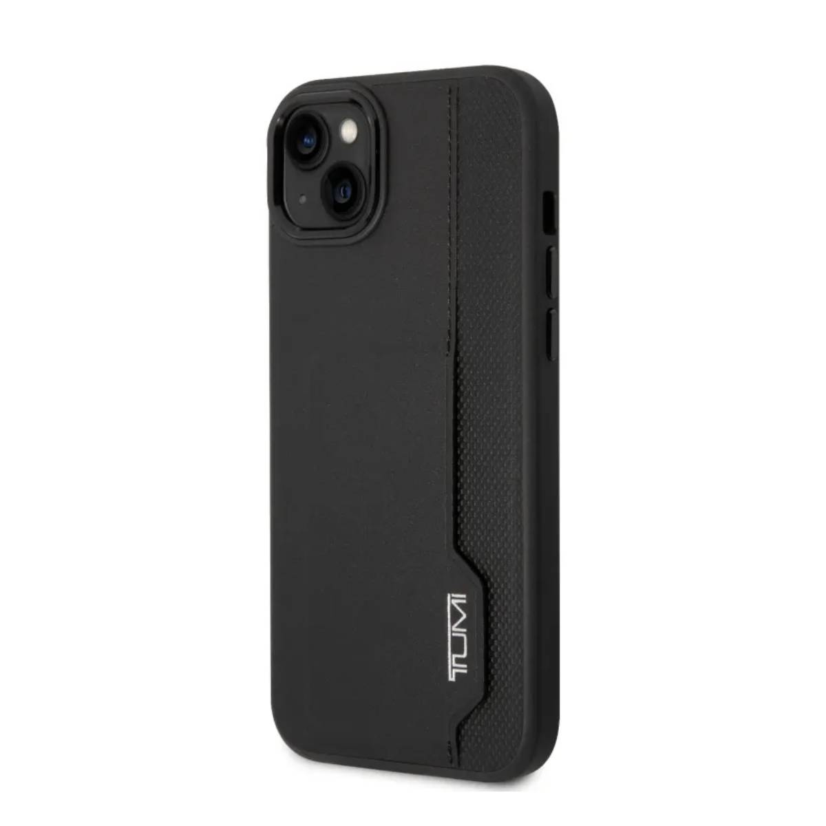 Custodia per telefono nera con pannello strutturato. Visibile il logo TUMI. La custodia è su sfondo bianco.