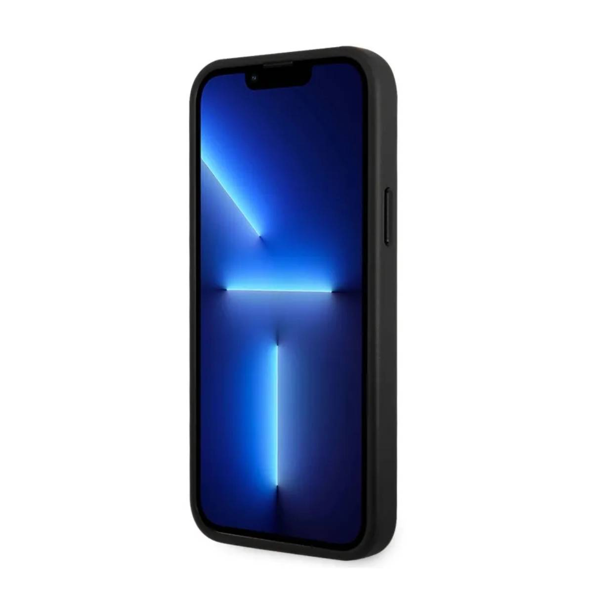 Custodia nera con schermo blu. Lo schermo mostra luce blu.