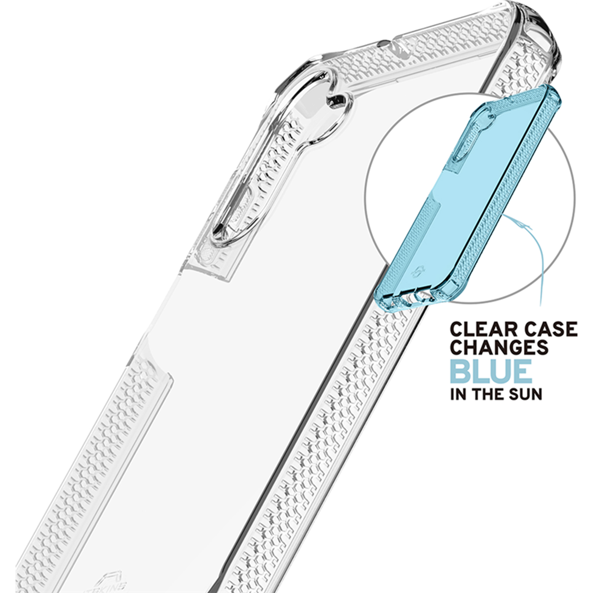 Custodia trasparente. Il testo dice 'Clear Case Changes BLUE in the Sun'. La custodia ha una sfumatura blu al sole.