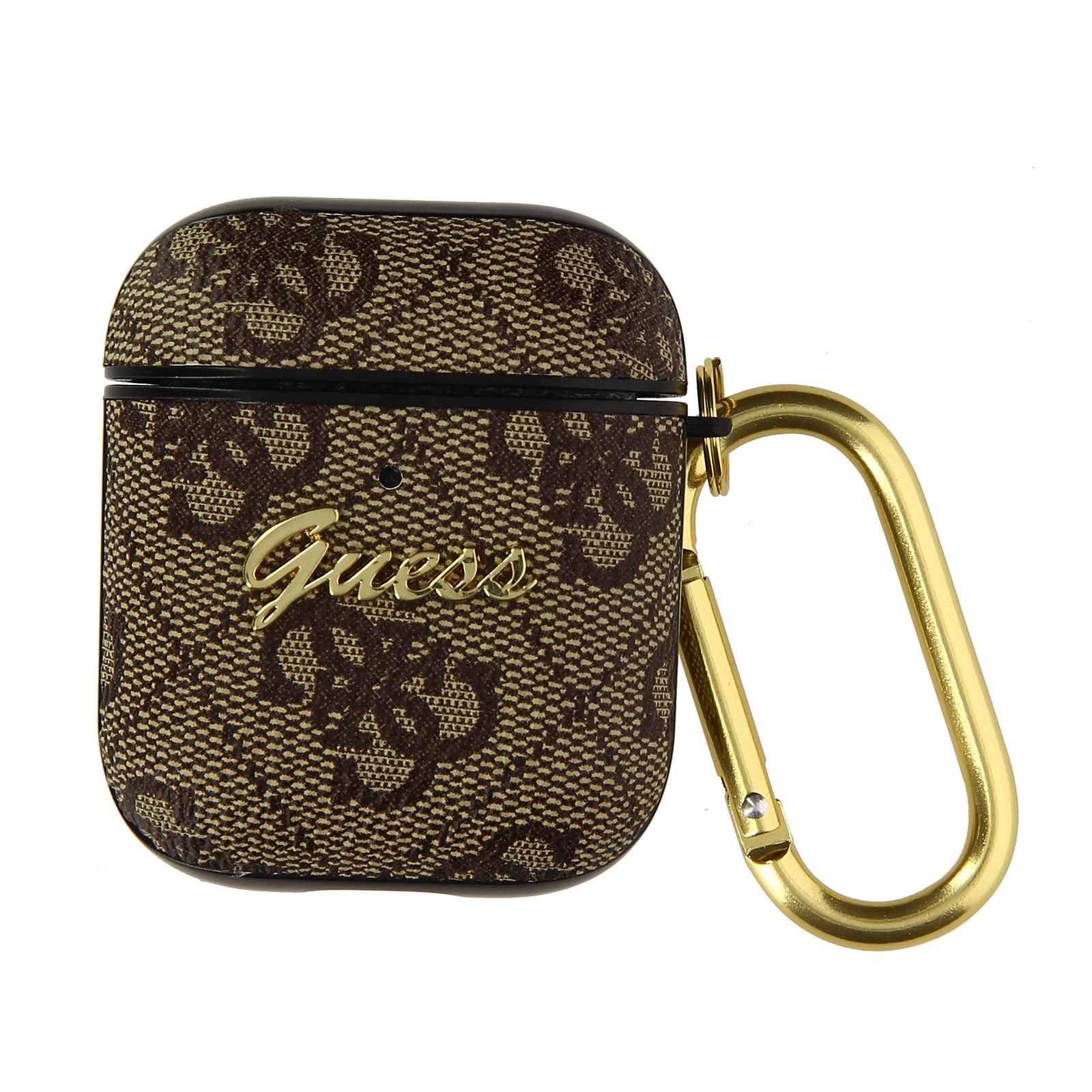Custodia Guess marrone e oro per AirPods con moschettone dorato. Sfondo bianco.