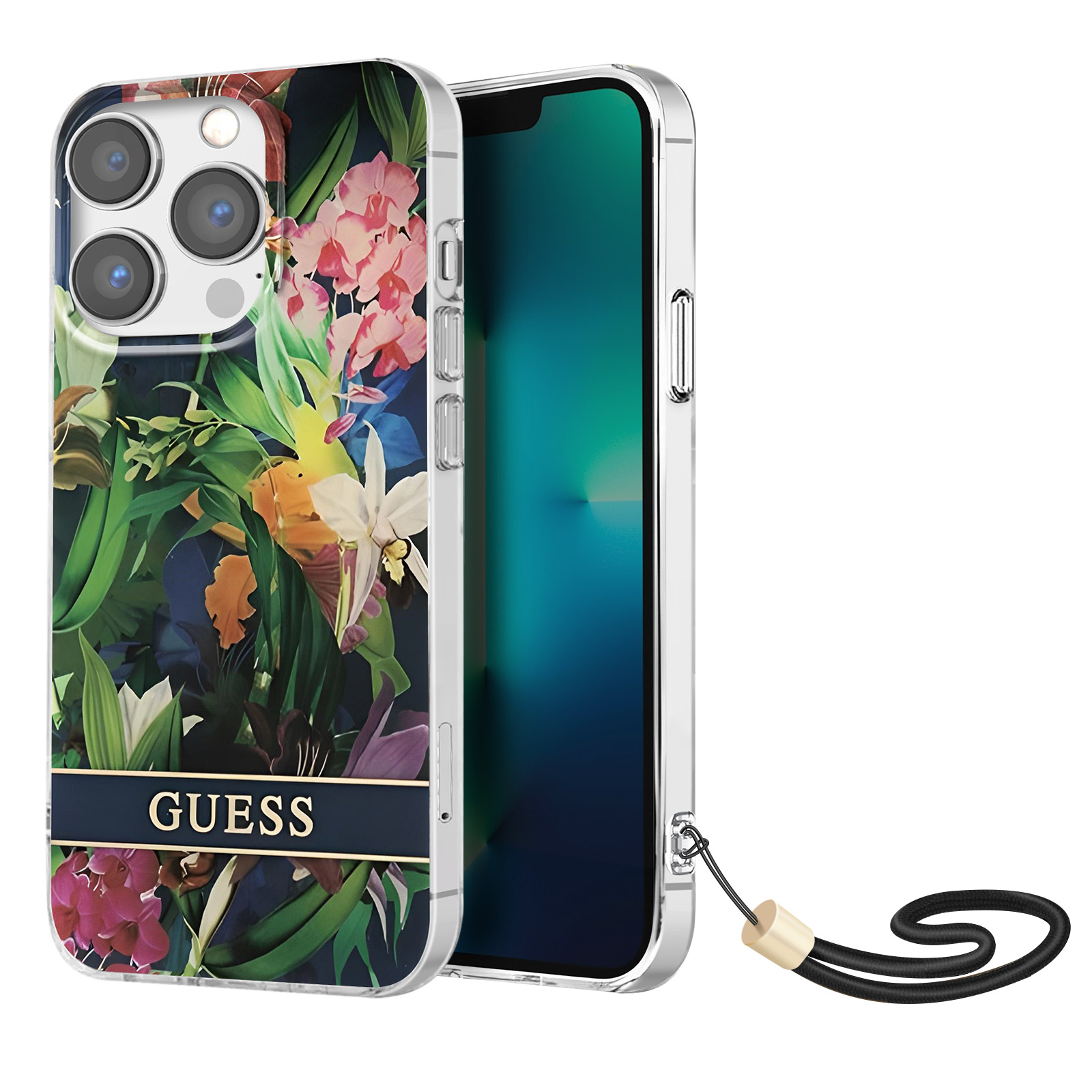 Custodia GUESS floreale con una striscia nera e il nome del marchio GUESS.