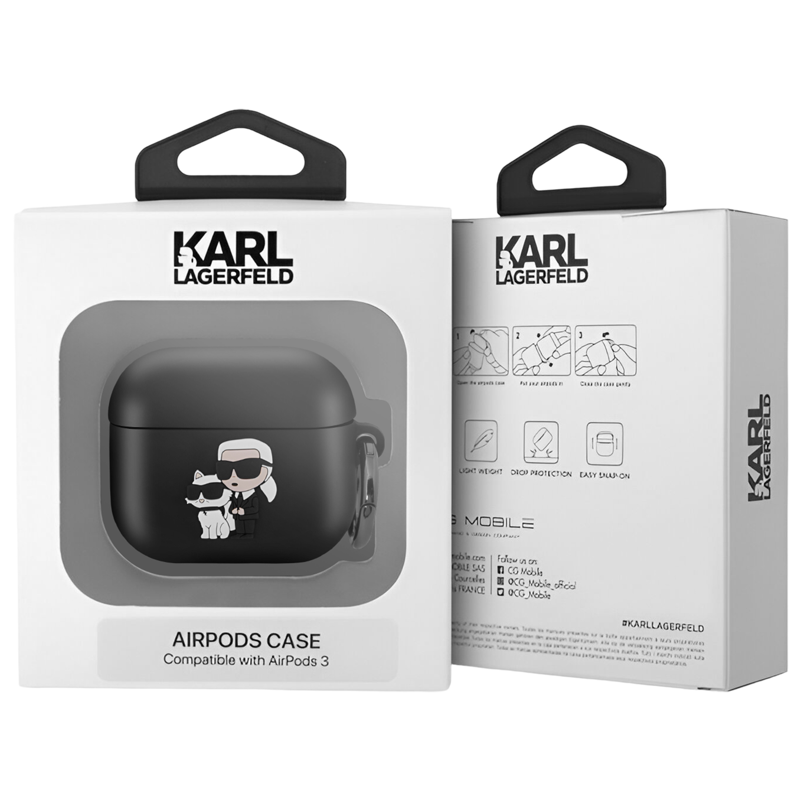 Una caja blanca con la marca Karl Lagerfeld. Dentro, se ve una funda negra para AirPods con una caricatura de Karl y un gato.