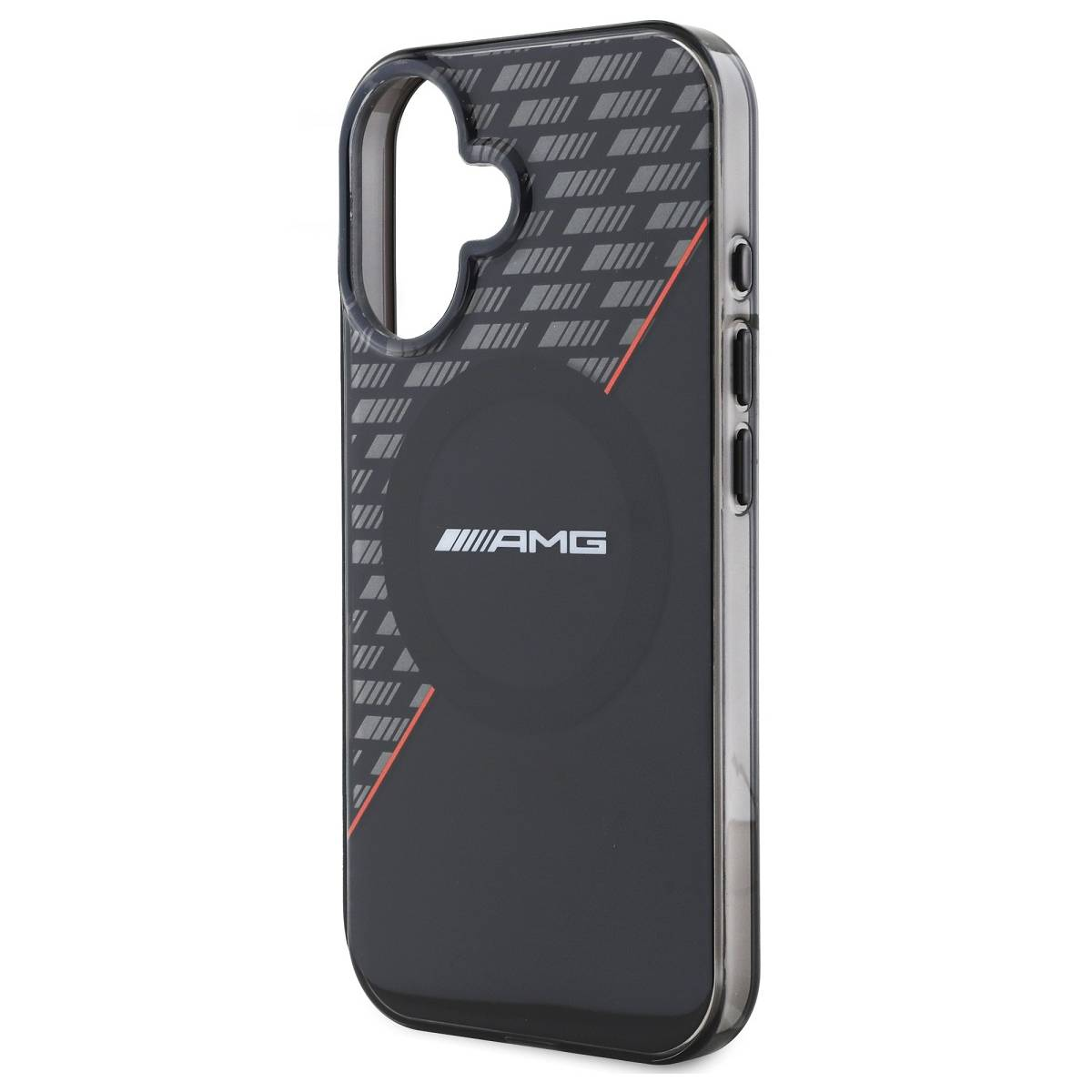 Custodia nera con logo AMG e dettagli rossi. Sfondo bianco.