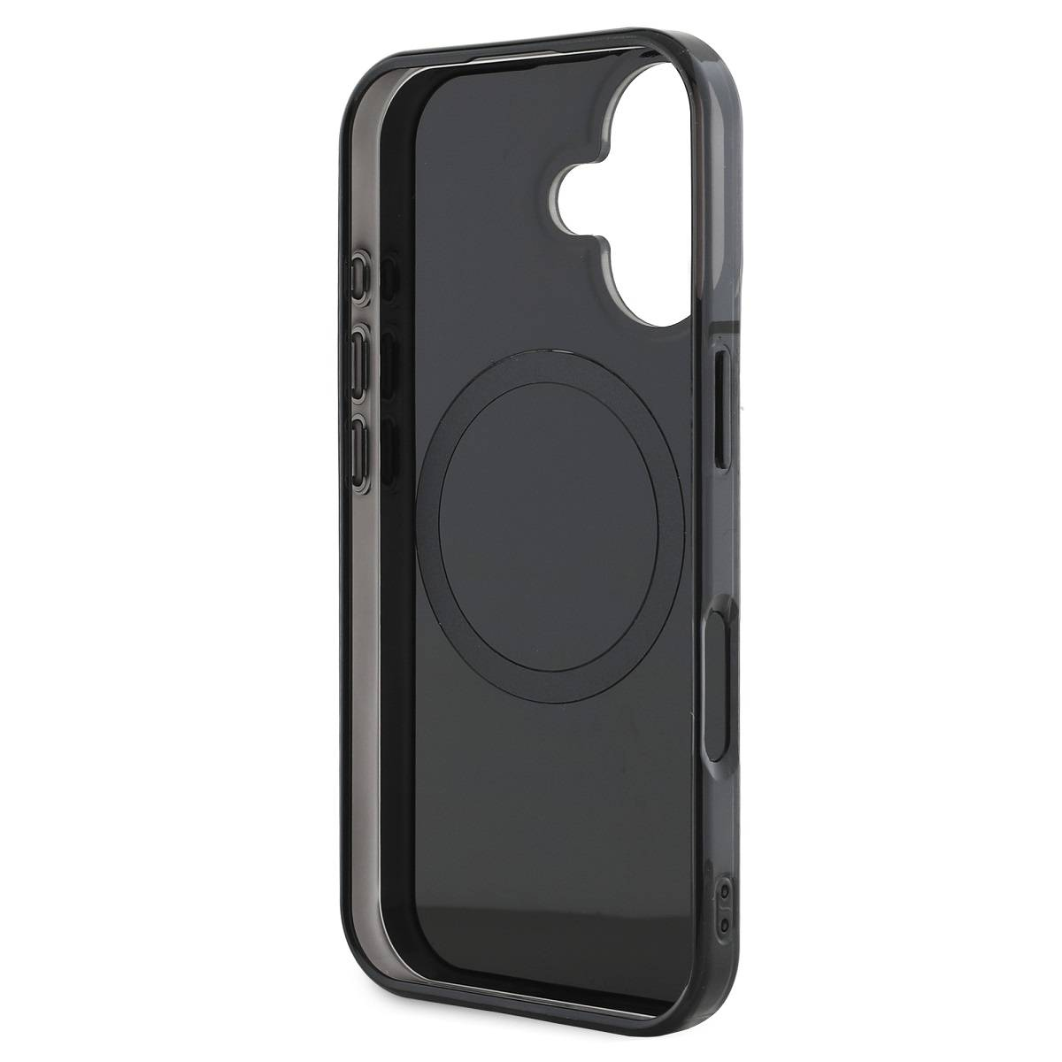 Custodia trasparente con area circolare nera. La custodia è trasparente e i pulsanti del telefono sono visibili.