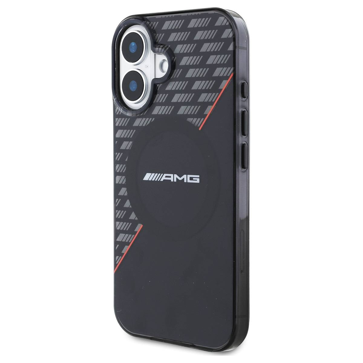 Custodia nera con logo AMG e dettagli grigi. Ha una protuberanza per la fotocamera.
