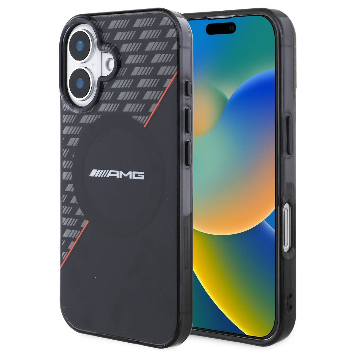 Custodia per telefono nera con logo AMG, dettagli rossi e un telefono.