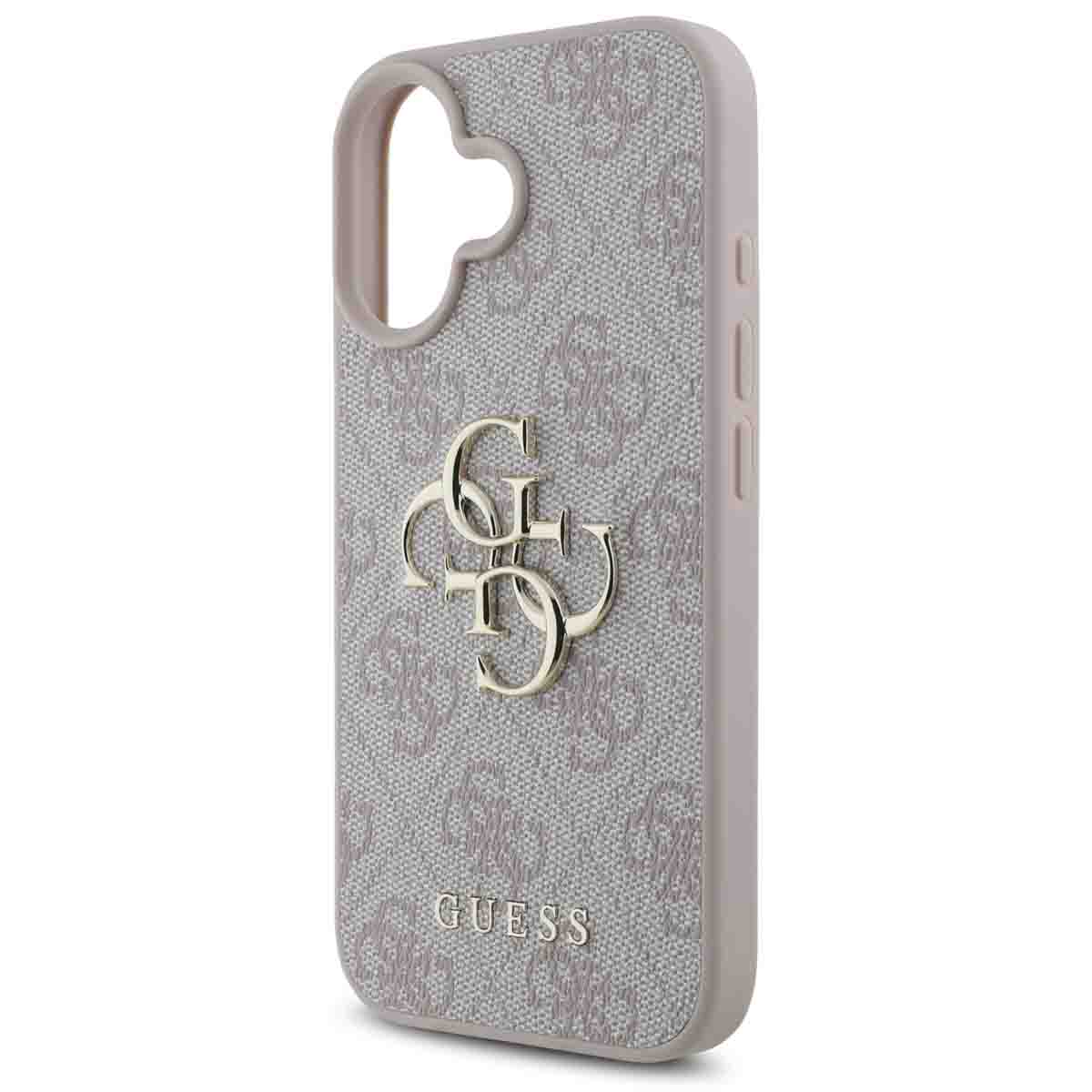 Custodia grigia Guess con motivo logo Guess ed emblema dorato. La custodia ha un ritaglio per la fotocamera.