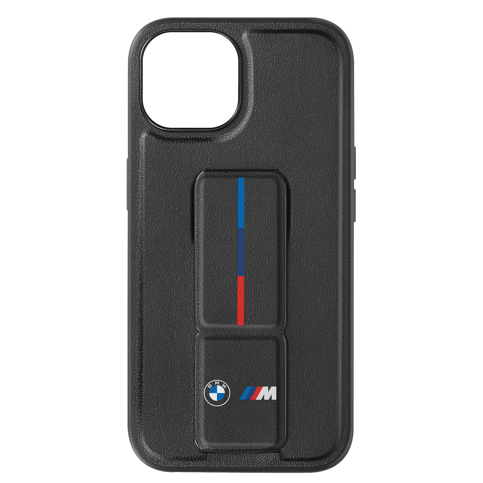 Custodia nera con logo BMW, strisce blu, rosse e bianche e un'impugnatura a scomparsa. Sfondo bianco.