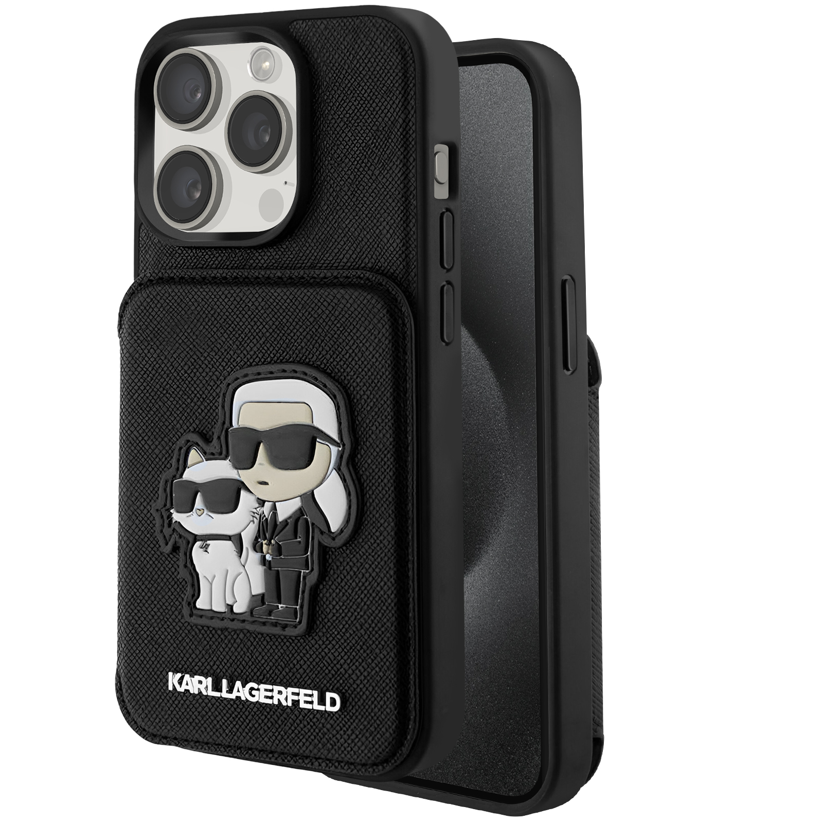 Custodia nera per iPhone con design Karl Lagerfeld. Include un telefono, una tasca e un gatto.