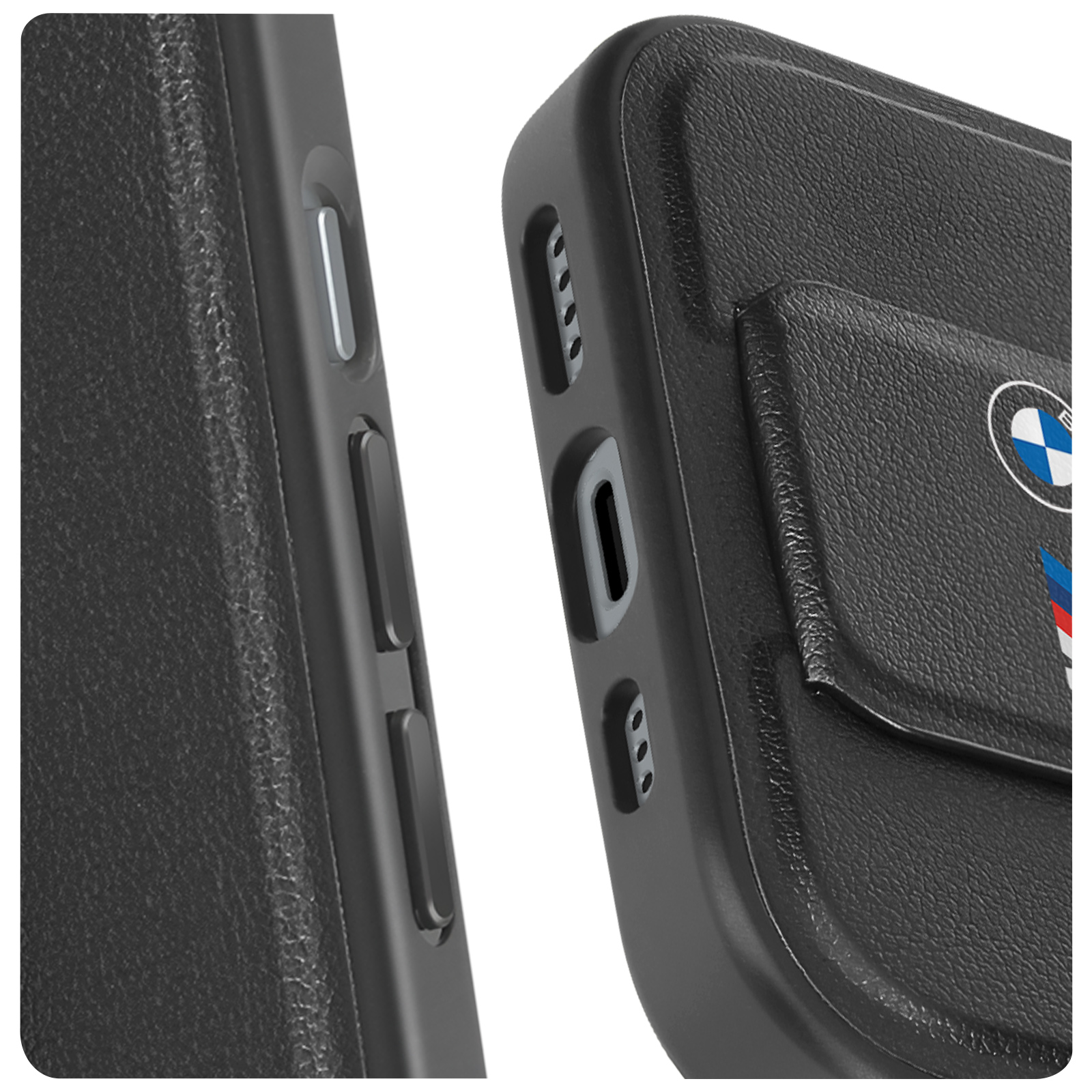 Custodia nera per telefono con logo BMW. Primo piano dei pulsanti laterali e della texture in pelle.