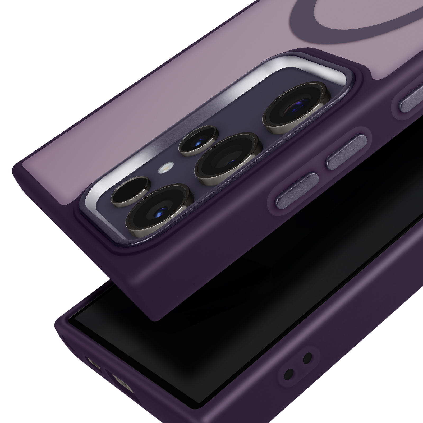 Custodia per telefono viola con coperchio superiore separato. Anello fotocamera e pulsanti argento.