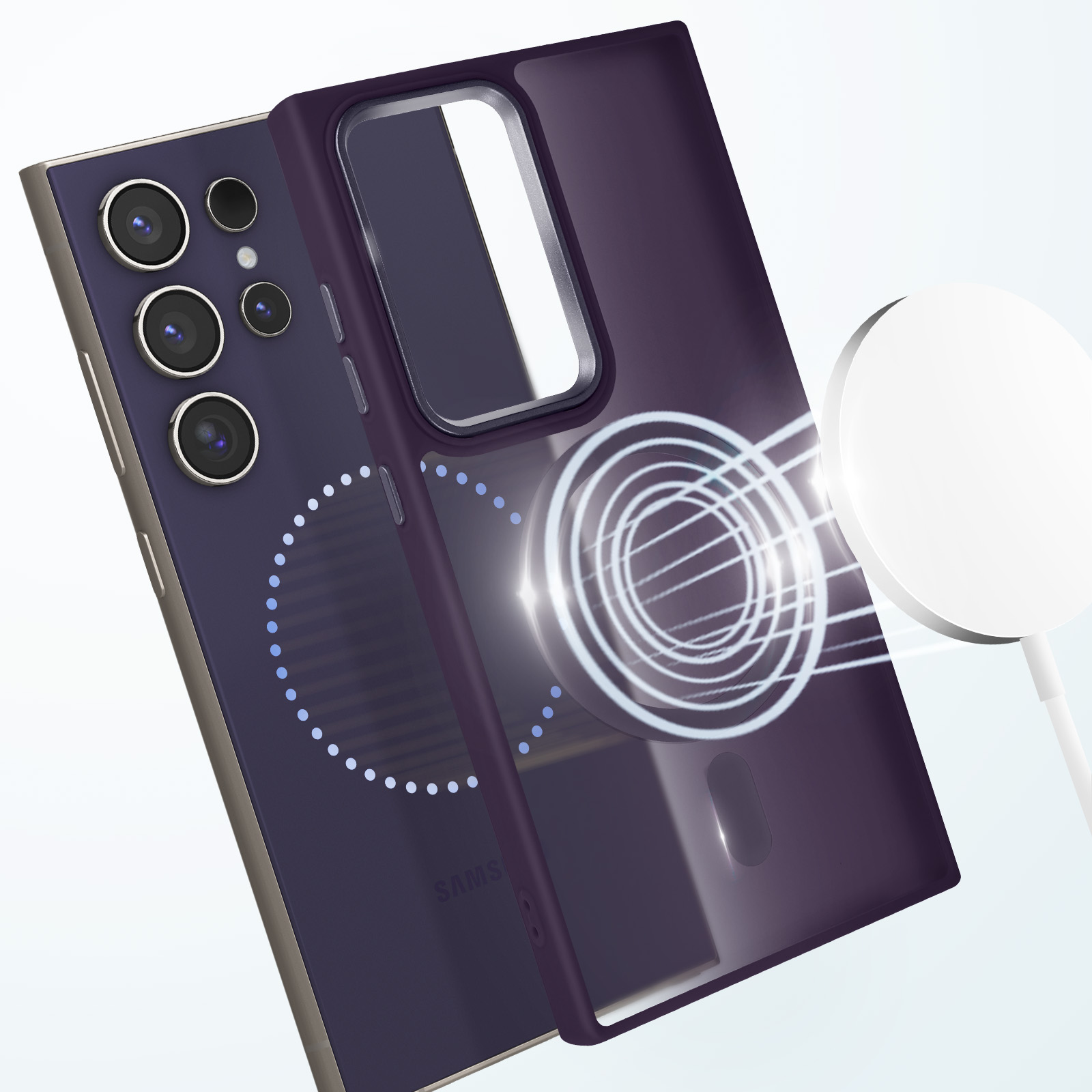 Una custodia per telefono viola con un telefono all'interno, che mostra la fotocamera e l'anello MagSafe.