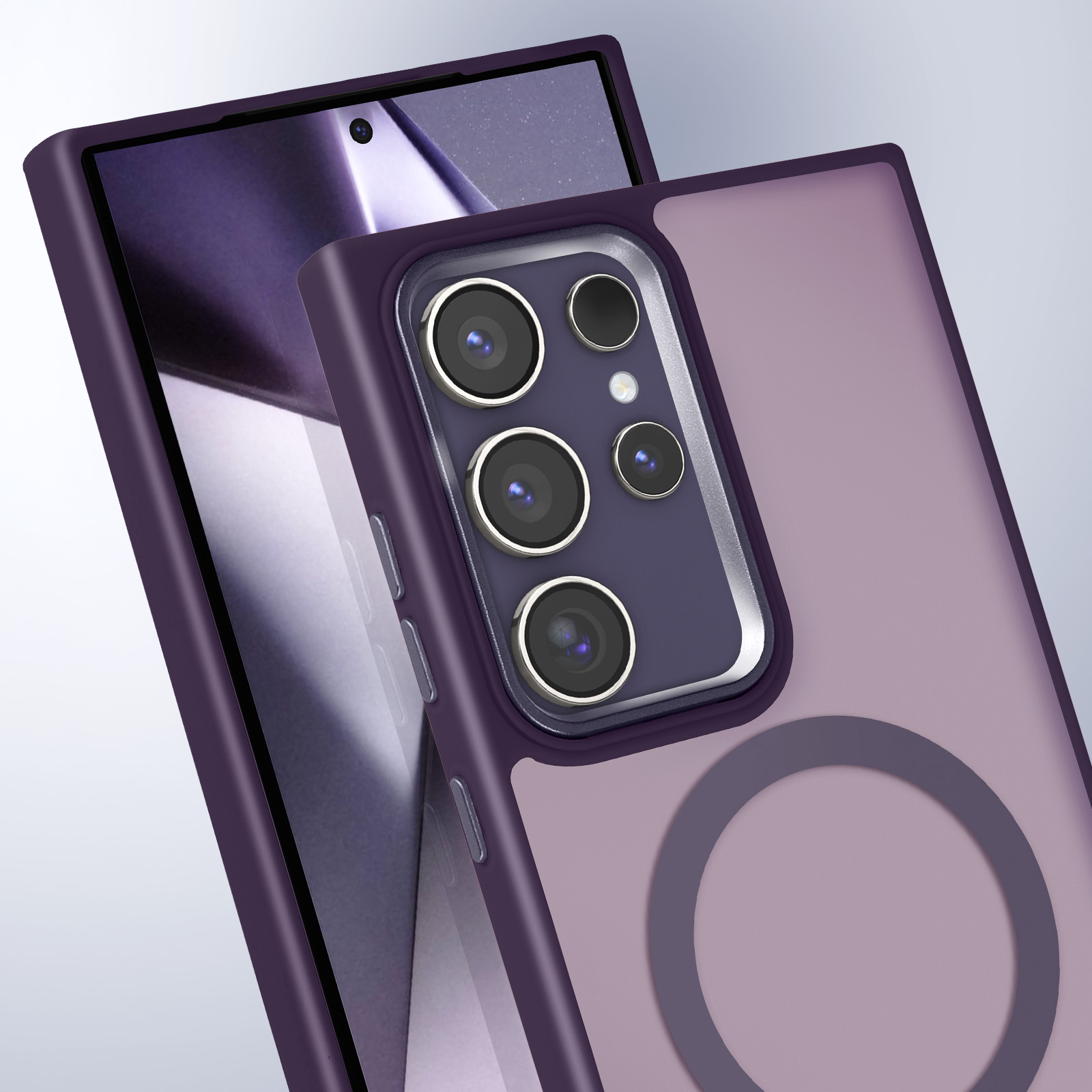 Custodia per telefono viola sopra il telefono. Magnete circolare sul retro. Obiettivi della fotocamera visibili. Accenti viola e bianchi.