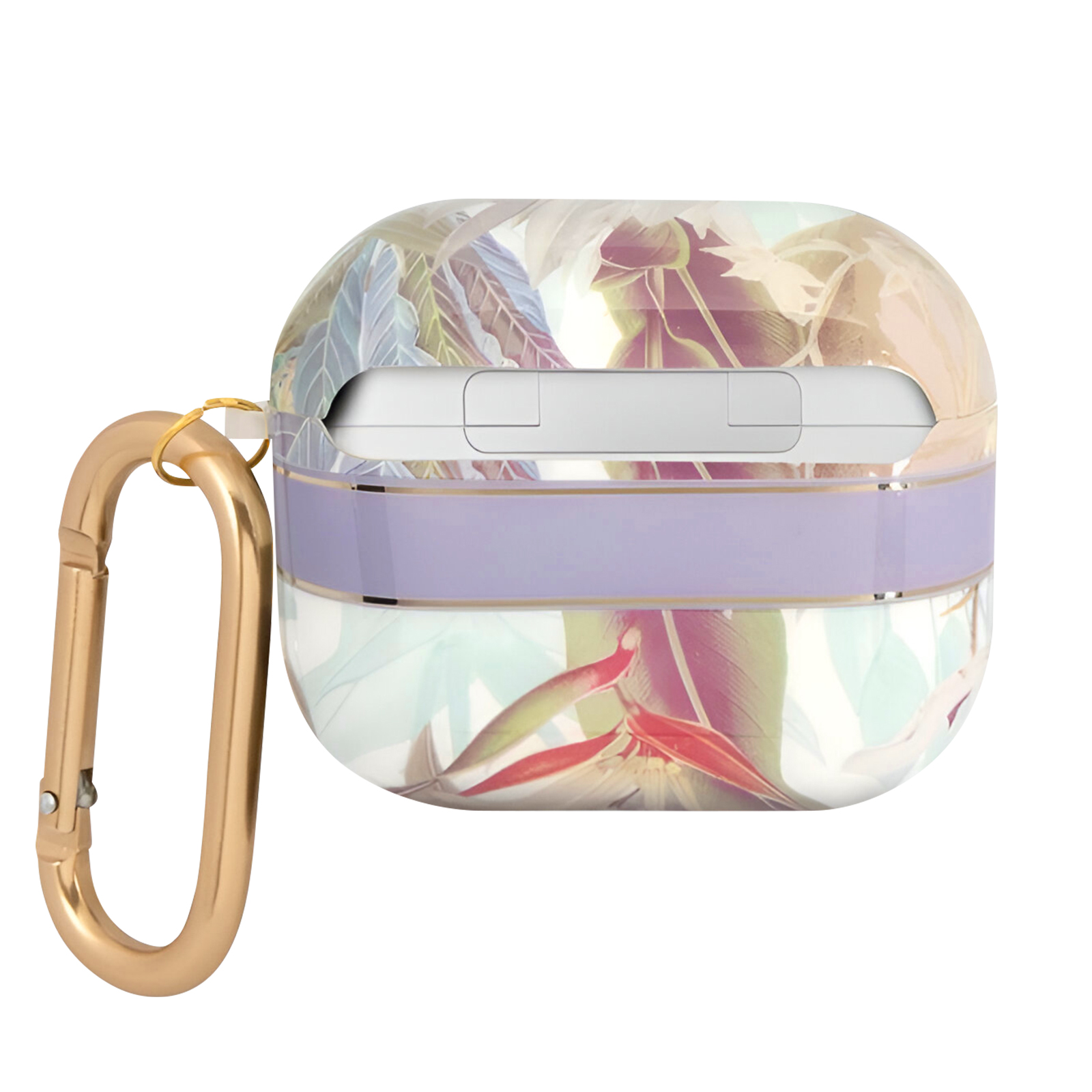 Estuche para auriculares con diseño floral, mosquetón dorado y detalles morados.