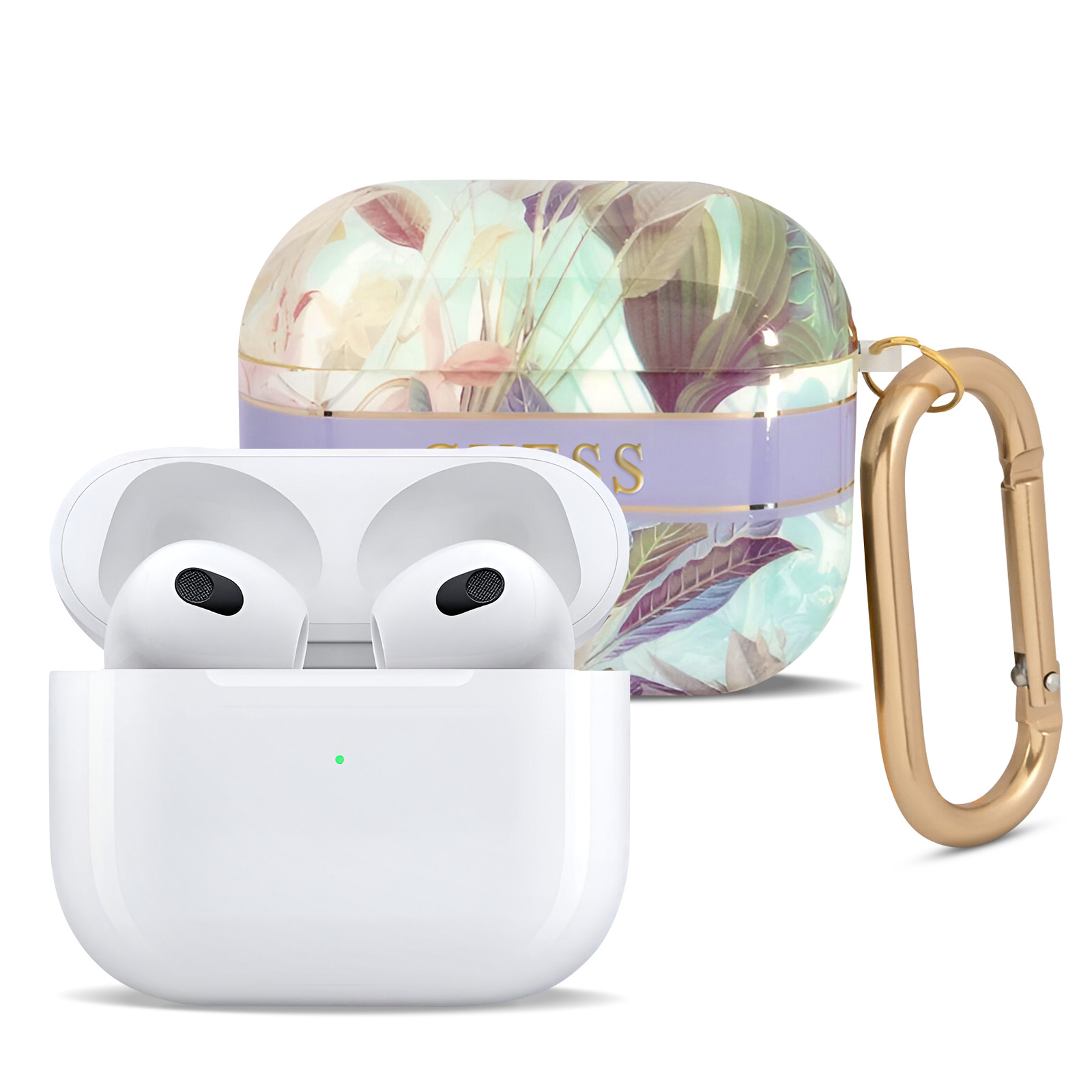 Estuche de AirPods blanco y AirPods. Un estuche con estampado floral se encuentra detrás del estuche de AirPods.